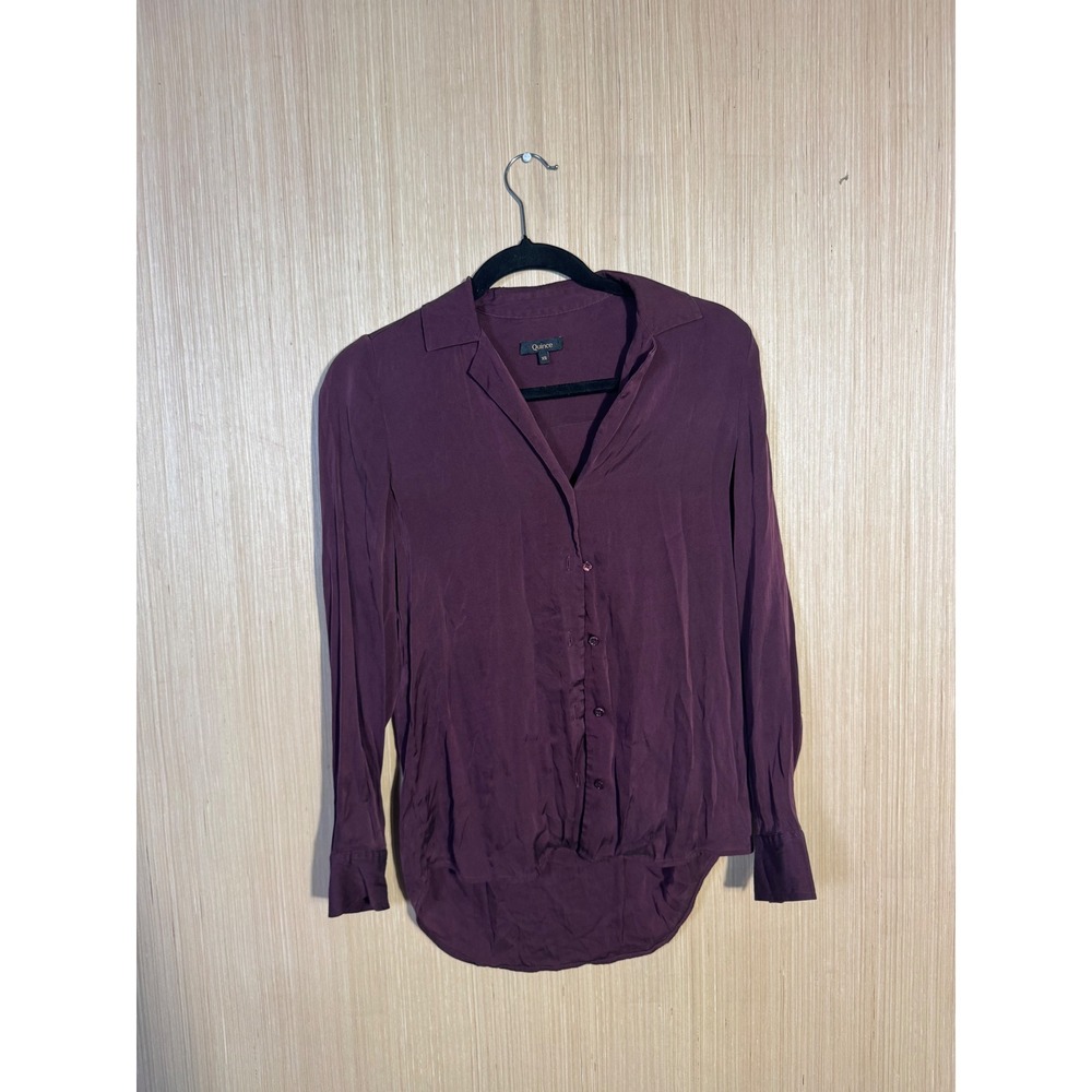 Quince Women XS Burgundy Silk Spandex Button Down Long Sleeve Blouse CS001 FA24